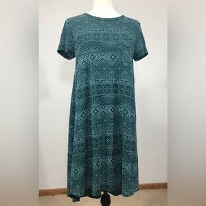 LuLaRoe | XXS High-Low Carly Short Sleeve Dress | Teal Geometric Pattern
